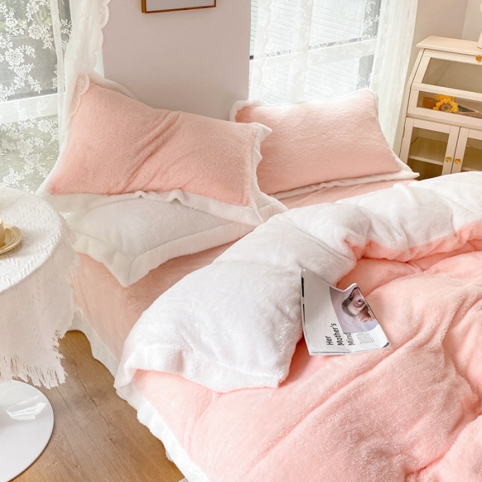 91家纺网 家纺一手货源 找家纺 昔可家纺 2021新款泰迪绒马卡龙色四件套蜜桃粉