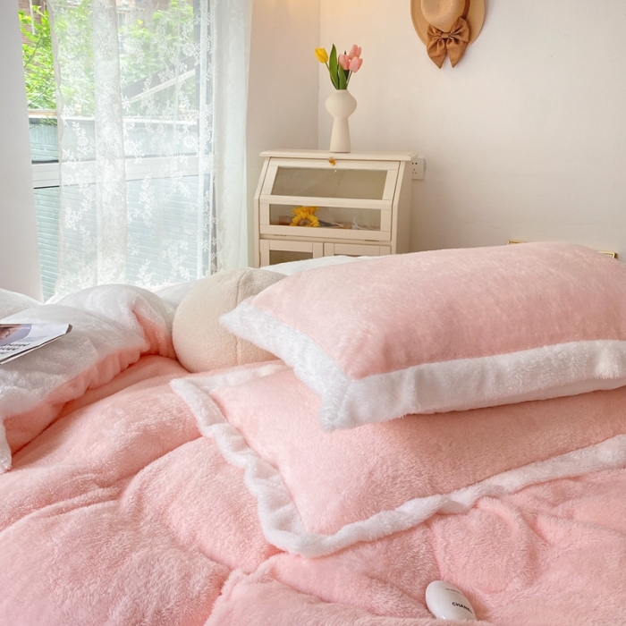 91家纺网 家纺一手货源 找家纺 昔可家纺 2021新款泰迪绒马卡龙色四件套蜜桃粉