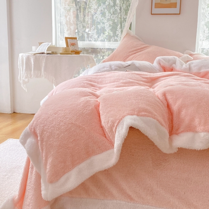 91家纺网 家纺一手货源 找家纺 昔可家纺 2021新款泰迪绒马卡龙色四件套蜜桃粉