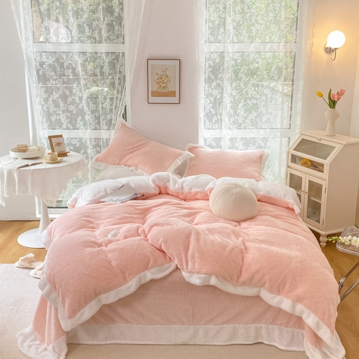 91家纺网 家纺一手货源 找家纺 昔可家纺 2021新款泰迪绒马卡龙色四件套蜜桃粉