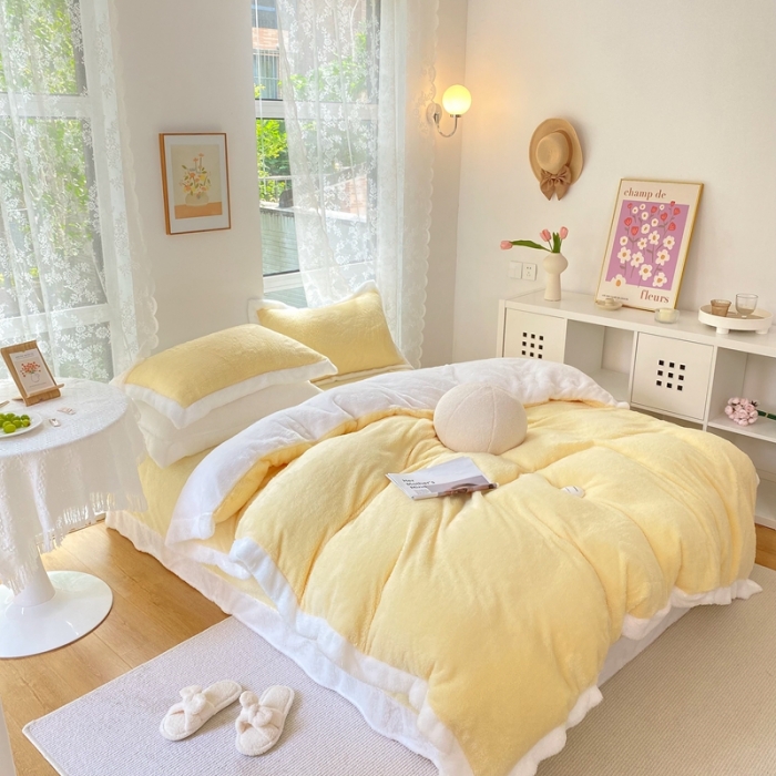 91家纺网 家纺一手货源 找家纺 昔可家纺 2021新款泰迪绒马卡龙色四件套奶酪黄