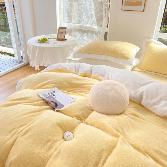 91家纺网 家纺一手货源 找家纺 昔可家纺 2021新款泰迪绒马卡龙色四件套奶酪黄