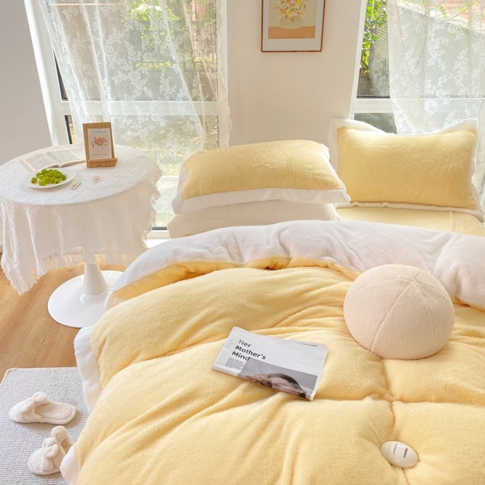 91家纺网 家纺一手货源 找家纺 昔可家纺 2021新款泰迪绒马卡龙色四件套奶酪黄