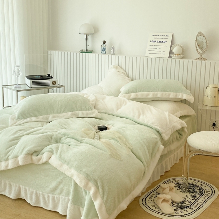 91家纺网 家纺一手货源 找家纺 昔可家纺 2021新款泰迪绒马卡龙色四件套 牛油果绿