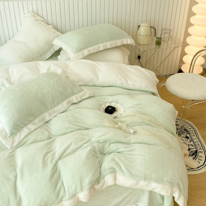 91家纺网 家纺一手货源 找家纺 昔可家纺 2021新款泰迪绒马卡龙色四件套 牛油果绿