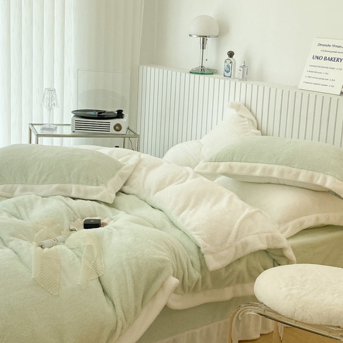 91家纺网 家纺一手货源 找家纺 昔可家纺 2021新款泰迪绒马卡龙色四件套 牛油果绿