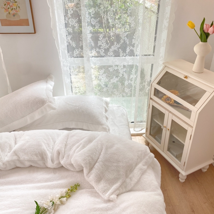 91家纺网 家纺一手货源 找家纺 昔可家纺 2021新款泰迪绒马卡龙色四件套奶香白