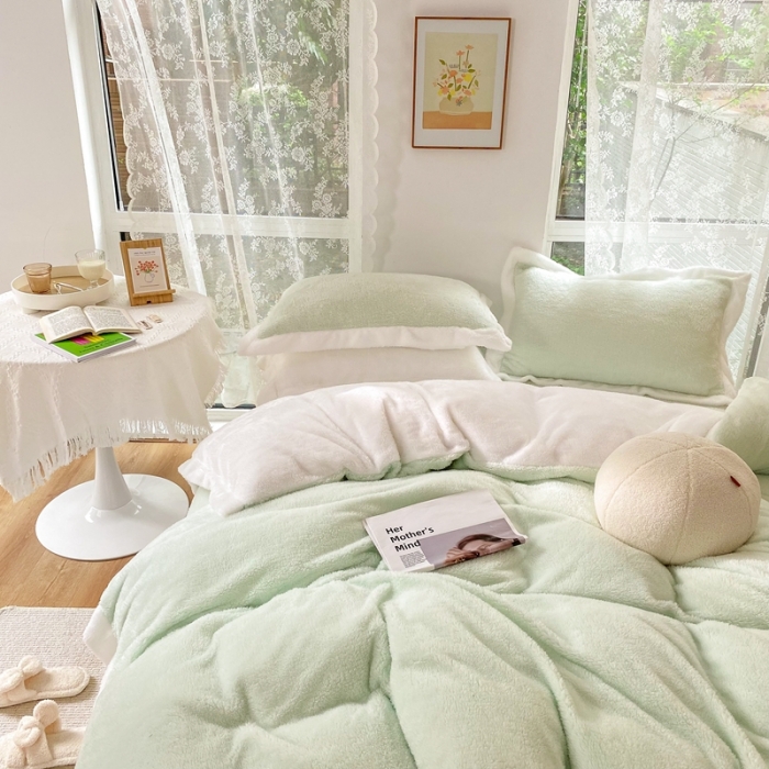 91家纺网 家纺一手货源 找家纺 昔可家纺 2021新款泰迪绒马卡龙色四件套牛油果绿