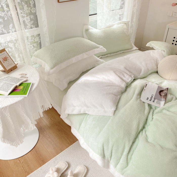 91家纺网 家纺一手货源 找家纺 昔可家纺 2021新款泰迪绒马卡龙色四件套牛油果绿