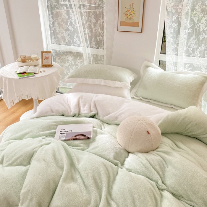 91家纺网 家纺一手货源 找家纺 昔可家纺 2021新款泰迪绒马卡龙色四件套牛油果绿