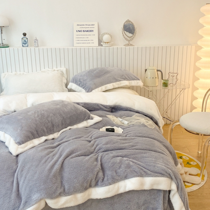 91家纺网 家纺一手货源 找家纺 昔可家纺 2021新款泰迪绒马卡龙色四件套 气质灰