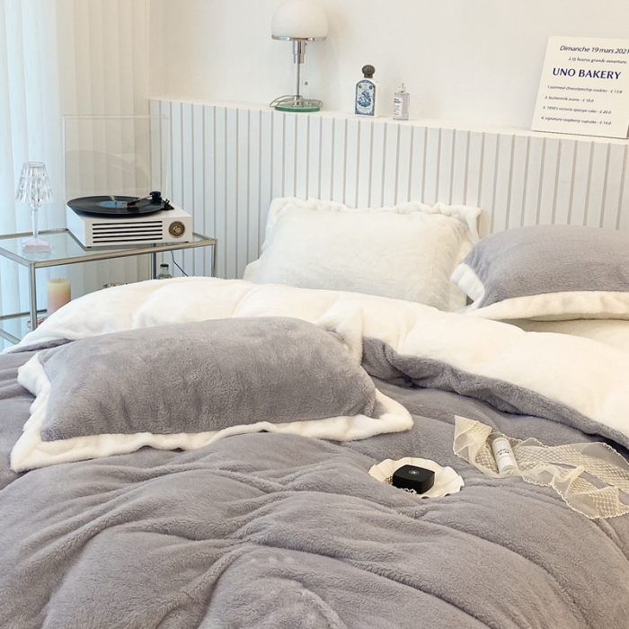 91家纺网 家纺一手货源 找家纺 昔可家纺 2021新款泰迪绒马卡龙色四件套 气质灰