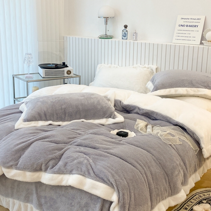 91家纺网 家纺一手货源 找家纺 昔可家纺 2021新款泰迪绒马卡龙色四件套 气质灰