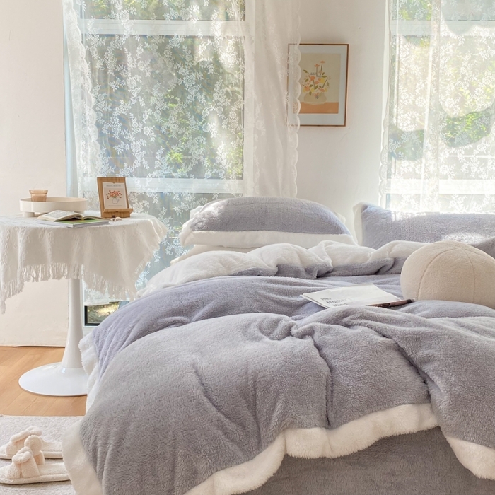 91家纺网 家纺一手货源 找家纺 昔可家纺 2021新款泰迪绒马卡龙色四件套气质灰