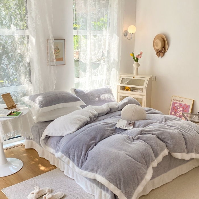 91家纺网 家纺一手货源 找家纺 昔可家纺 2021新款泰迪绒马卡龙色四件套气质灰