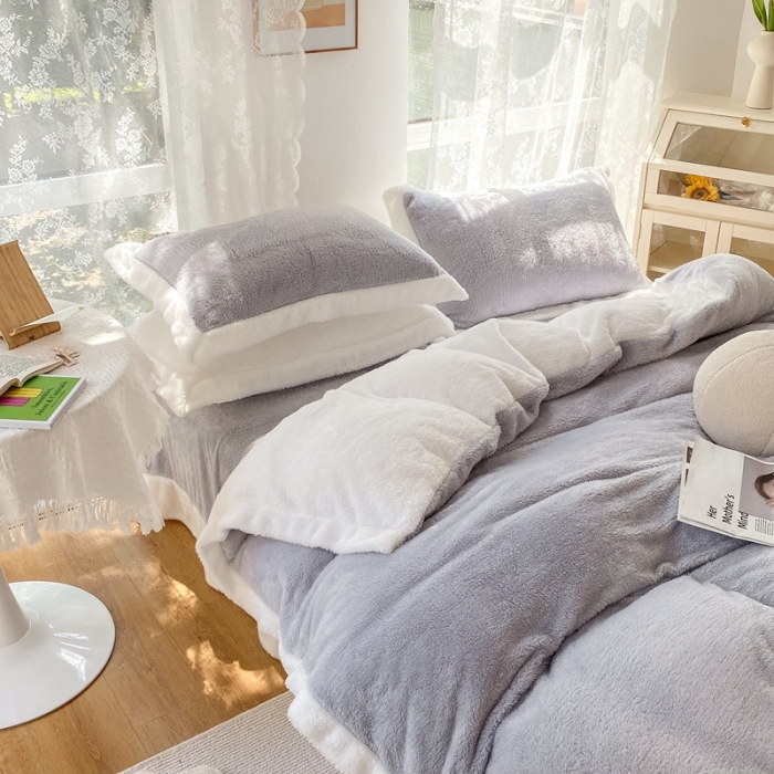 91家纺网 家纺一手货源 找家纺 昔可家纺 2021新款泰迪绒马卡龙色四件套气质灰