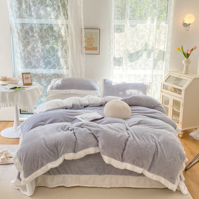 91家纺网 家纺一手货源 找家纺 昔可家纺 2021新款泰迪绒马卡龙色四件套气质灰