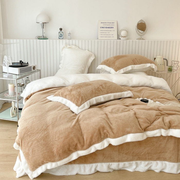 91家纺网 家纺一手货源 找家纺 昔可家纺 2021新款泰迪绒马卡龙色四件套 沙茶驼