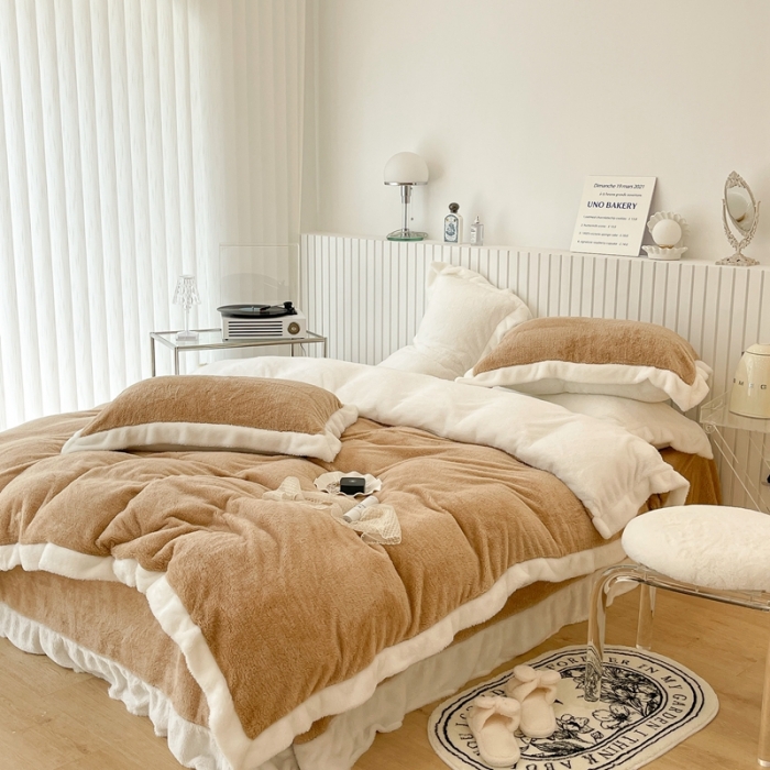 91家纺网 家纺一手货源 找家纺 昔可家纺 2021新款泰迪绒马卡龙色四件套 沙茶驼