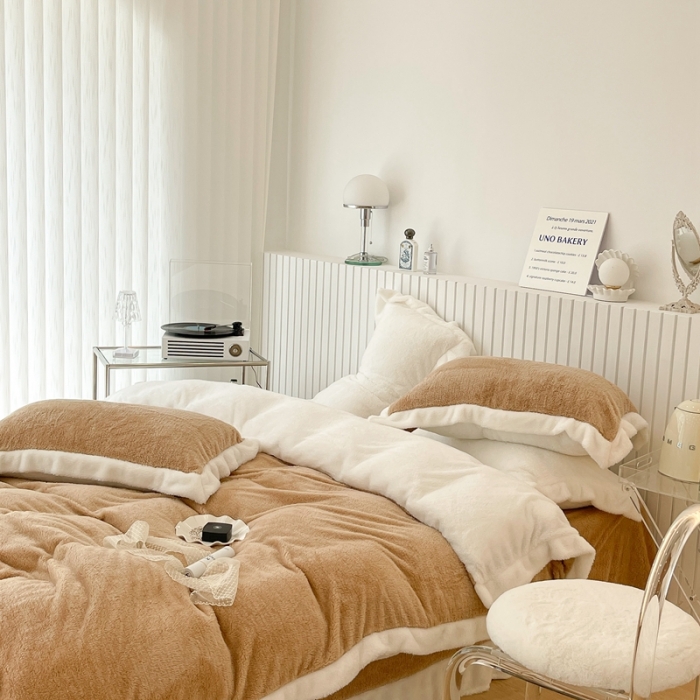 91家纺网 家纺一手货源 找家纺 昔可家纺 2021新款泰迪绒马卡龙色四件套 沙茶驼