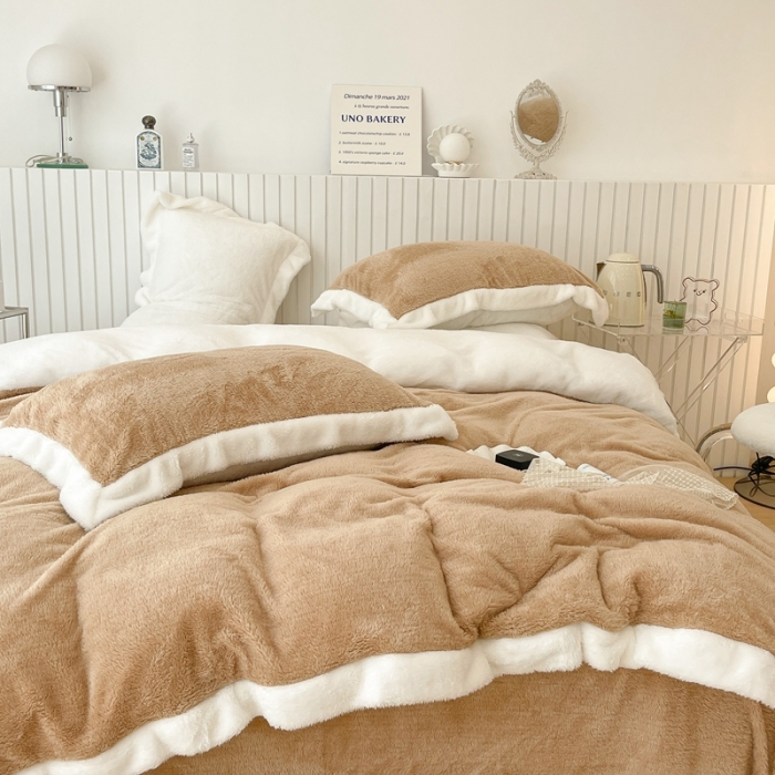 91家纺网 家纺一手货源 找家纺 昔可家纺 2021新款泰迪绒马卡龙色四件套 沙茶驼