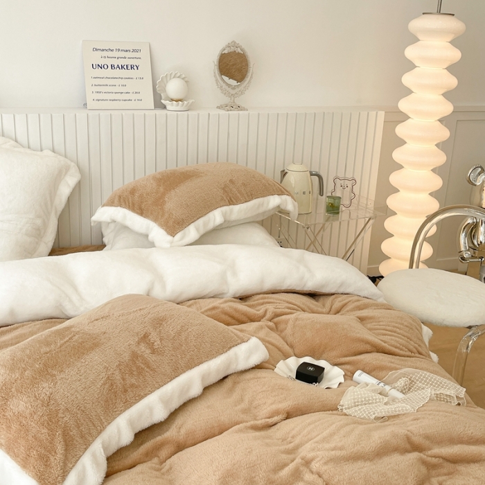 91家纺网 家纺一手货源 找家纺 昔可家纺 2021新款泰迪绒马卡龙色四件套 沙茶驼