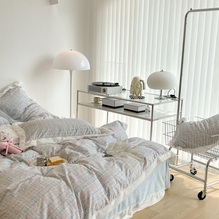 91家纺网 家纺一手货源 找家纺 昔可家纺  2021新款小香香风棉加泰迪绒四件套 香香粉蓝