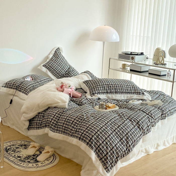 91家纺网 家纺一手货源 找家纺 昔可家纺  2021新款小香香风棉加泰迪绒四件套 香香黑