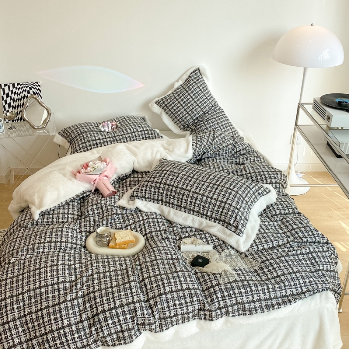 91家纺网 家纺一手货源 找家纺 昔可家纺  2021新款小香香风棉加泰迪绒四件套 香香黑