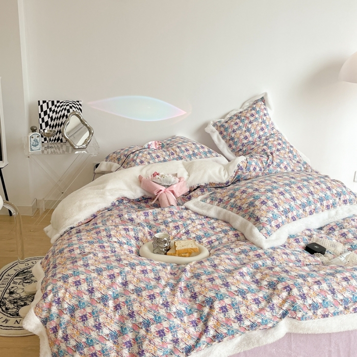 91家纺网 家纺一手货源 找家纺 昔可家纺  2021新款小香香风棉加泰迪绒四件套 香香紫