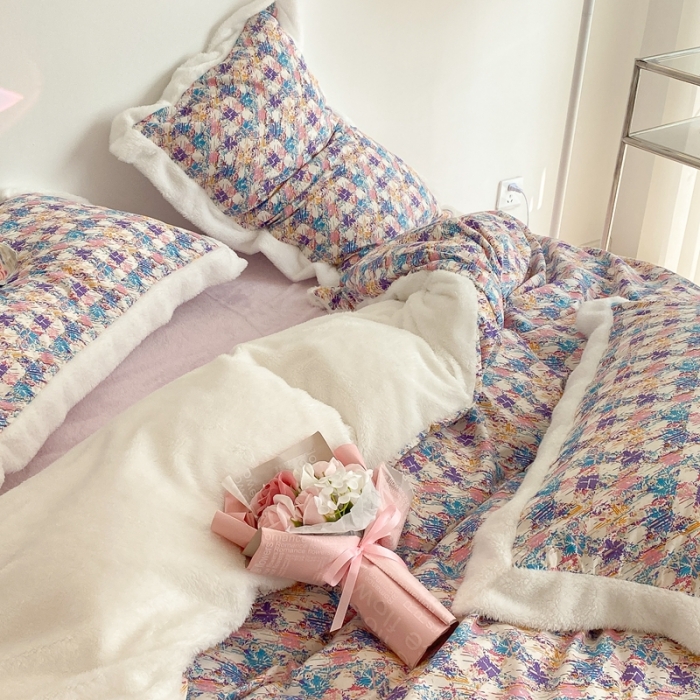 91家纺网 家纺一手货源 找家纺 昔可家纺  2021新款小香香风棉加泰迪绒四件套 香香紫