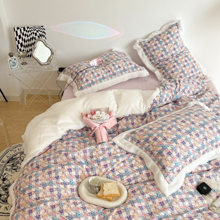 91家纺网 家纺一手货源 找家纺 昔可家纺  2021新款小香香风棉加泰迪绒四件套 香香紫