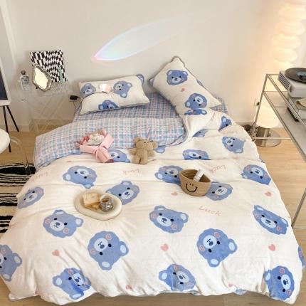 91家纺网 家纺一手货源 找家纺 昔可家纺 2021新款小包边牛奶绒四件套幸运小熊