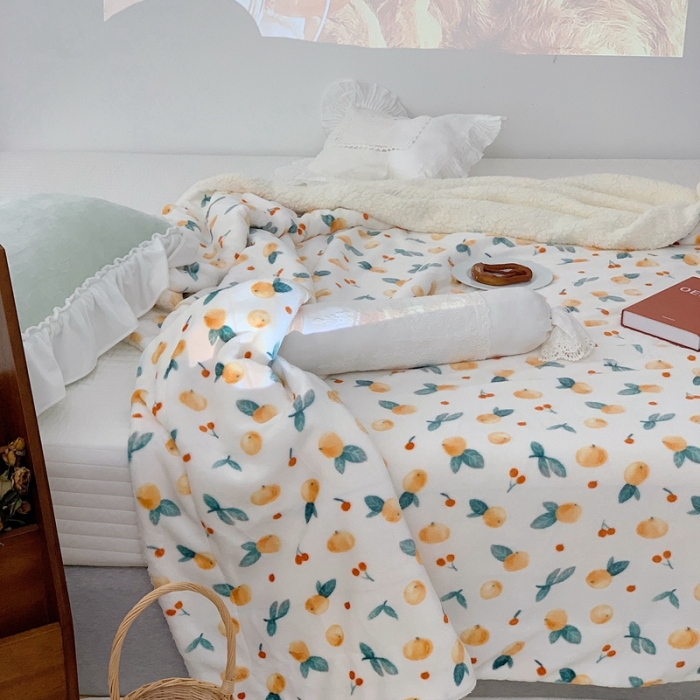 91家纺网 家纺一手货源 找家纺 昔可家纺 2021新款牛奶羊羔绒印花毛毯 小金桔