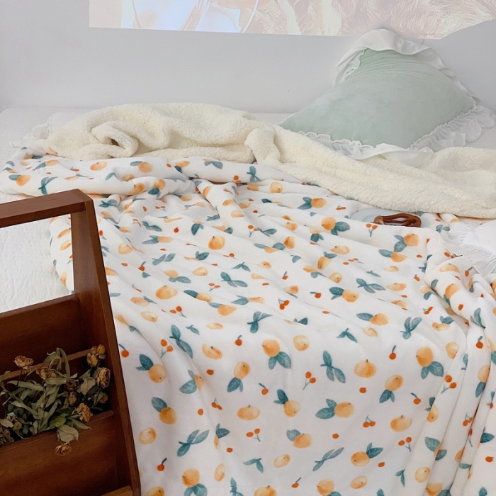 91家纺网 家纺一手货源 找家纺 昔可家纺 2021新款牛奶羊羔绒印花毛毯 小金桔