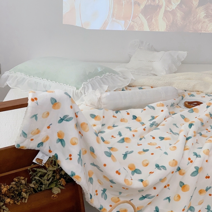 91家纺网 家纺一手货源 找家纺 昔可家纺 2021新款牛奶羊羔绒印花毛毯 小金桔