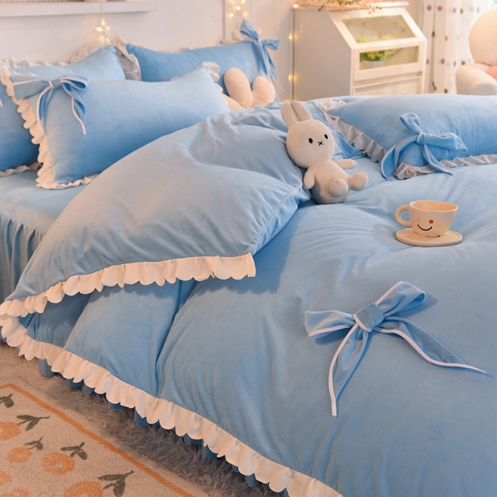 91家纺网 家纺一手货源 找家纺 秋艳家纺 2023新款韩版牛奶绒荷叶边四件套 勿忘草