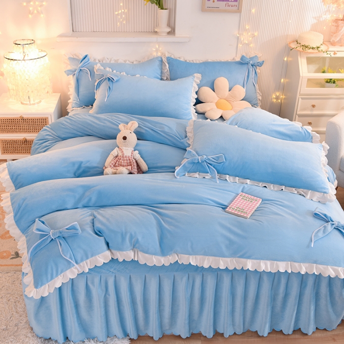 91家纺网 家纺一手货源 找家纺 秋艳家纺 2023新款韩版牛奶绒荷叶边四件套 勿忘草