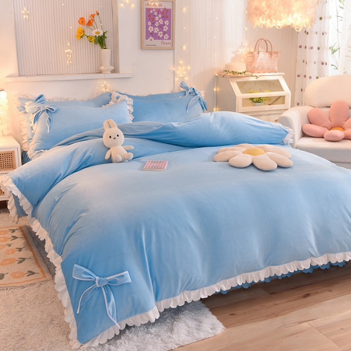 91家纺网 家纺一手货源 找家纺 秋艳家纺 2023新款韩版牛奶绒荷叶边四件套 勿忘草