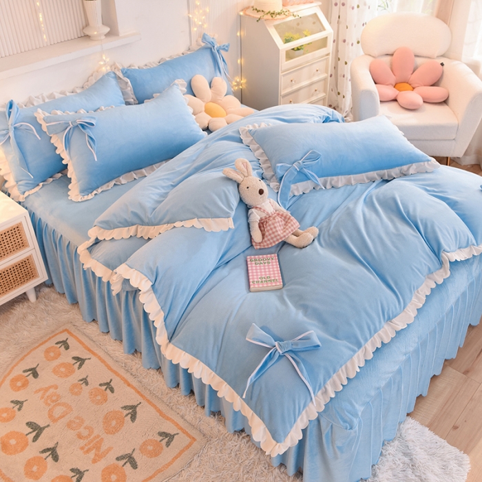 91家纺网 家纺一手货源 找家纺 秋艳家纺 2023新款韩版牛奶绒荷叶边四件套 勿忘草