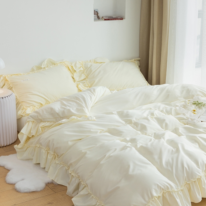 91家纺网 家纺一手货源 找家纺 （总）乐卧 2026新款纯色荷叶边水洗磨毛四件套