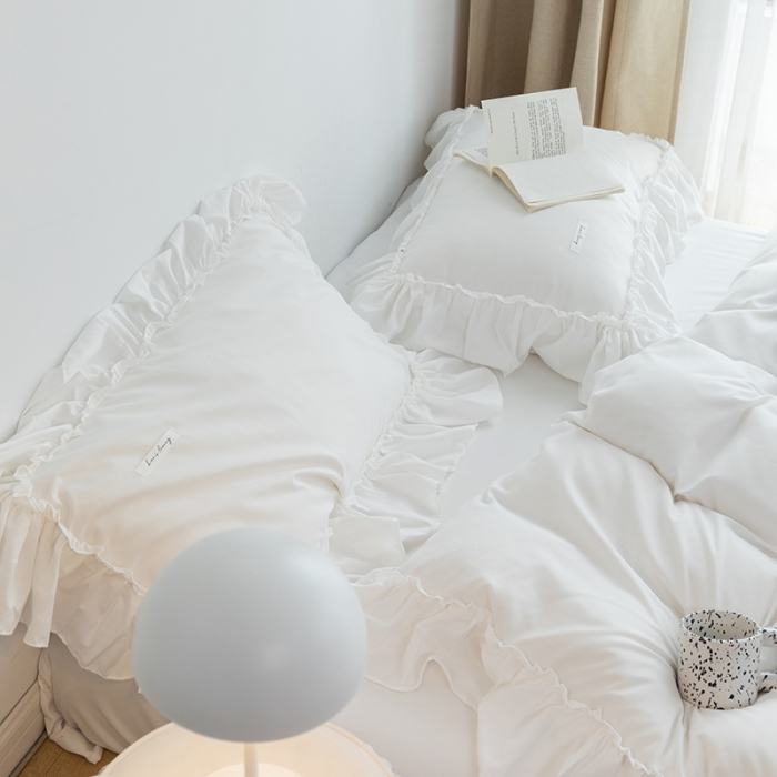 91家纺网 家纺一手货源 找家纺 乐卧 2026新款纯色荷叶边水洗磨毛四件套 爱相随-纯净白