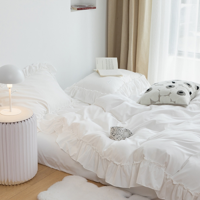 91家纺网 家纺一手货源 找家纺 乐卧 2026新款纯色荷叶边水洗磨毛四件套 爱相随-纯净白