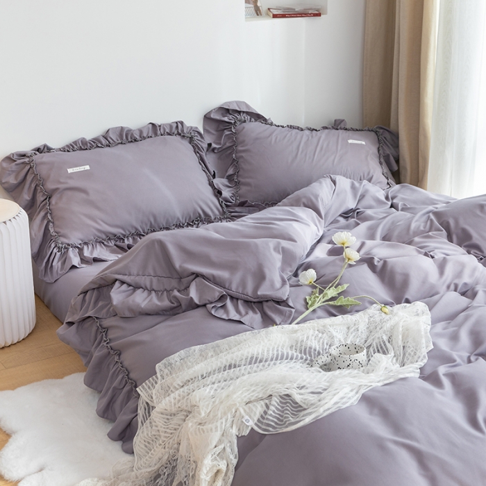 91家纺网 家纺一手货源 找家纺 乐卧 2026新款纯色荷叶边水洗磨毛四件套 爱相随-灰紫色