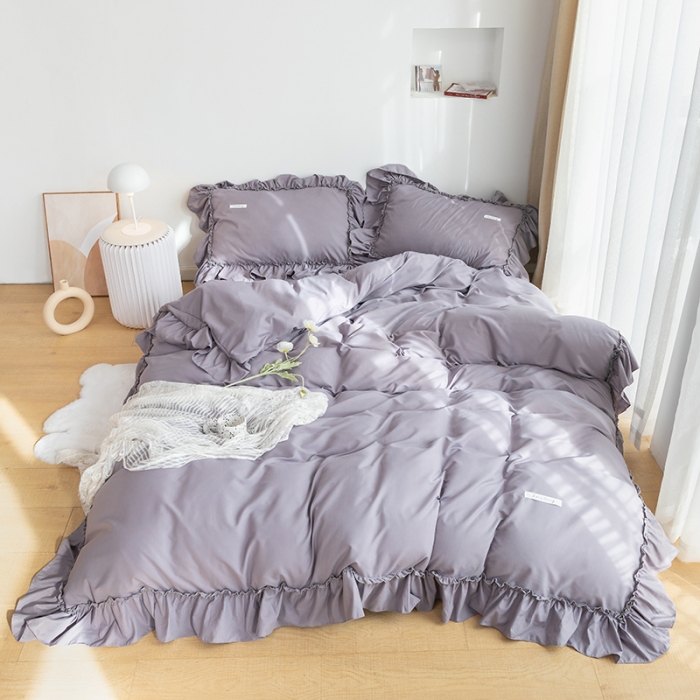 91家纺网 家纺一手货源 找家纺 乐卧 2026新款纯色荷叶边水洗磨毛四件套 爱相随-灰紫色