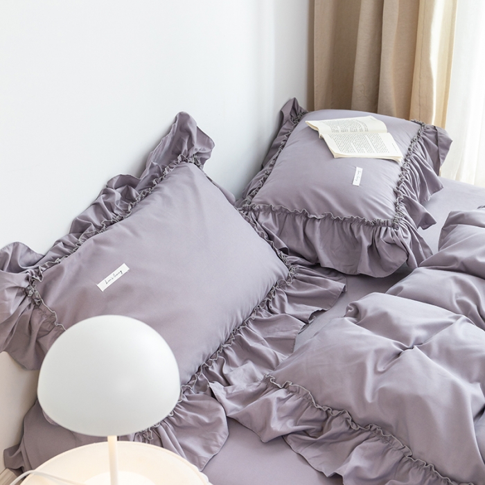 91家纺网 家纺一手货源 找家纺 乐卧 2026新款纯色荷叶边水洗磨毛四件套 爱相随-灰紫色