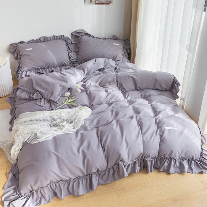 91家纺网 家纺一手货源 找家纺 乐卧 2026新款纯色荷叶边水洗磨毛四件套 爱相随-灰紫色