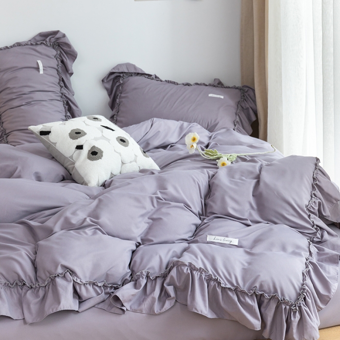 91家纺网 家纺一手货源 找家纺 乐卧 2026新款纯色荷叶边水洗磨毛四件套 爱相随-灰紫色
