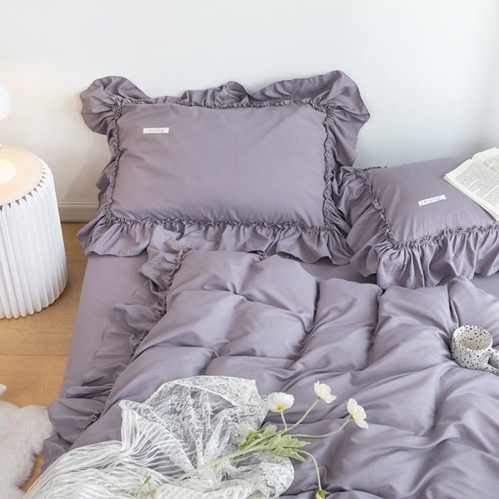 91家纺网 家纺一手货源 找家纺 乐卧 2026新款纯色荷叶边水洗磨毛四件套 爱相随-灰紫色