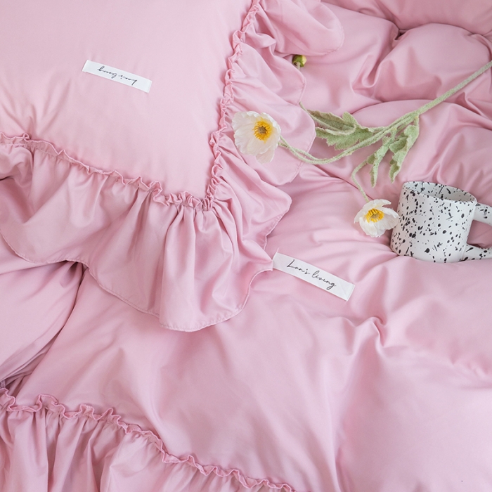 91家纺网 家纺一手货源 找家纺 乐卧 2026新款纯色荷叶边水洗磨毛四件套 爱相随-可爱粉